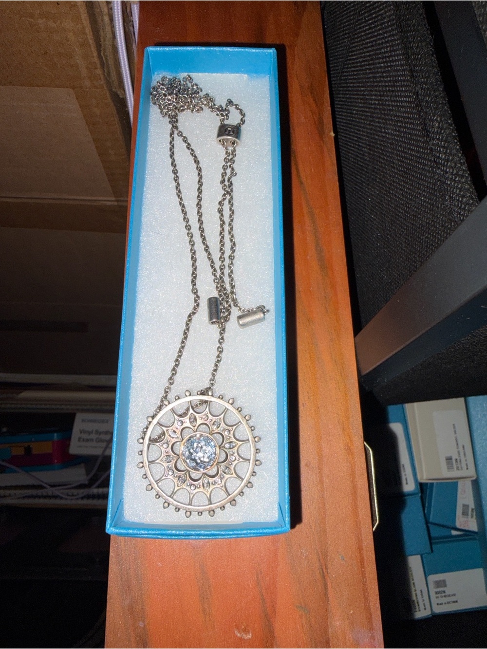 Touchstone Crystal Silver Sunburst Pendant Necklace with Clear Stone